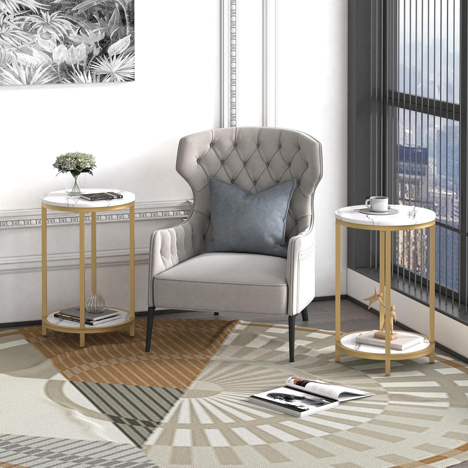 WiberWi Round Side Table Set of 2, Modern Nightstand End Table with Gold Metal Frame &Faux Marble Top, Accent Bedside Table for Living Room Bedroom Small Spaces with Storage Open Shelf,White