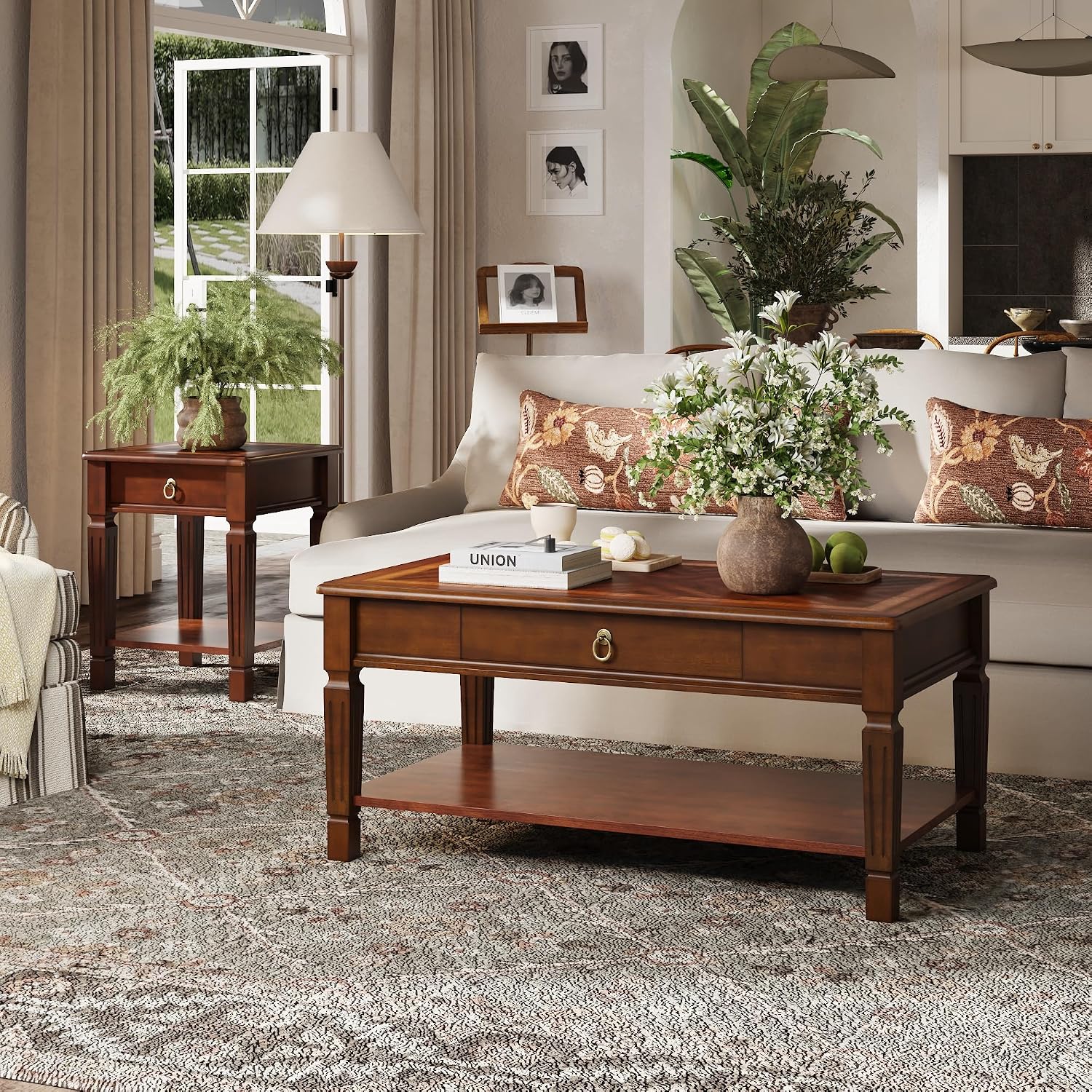 Coffee Table with Single 2-Way Pull Storage Drawer and Shelf, Farmhouse Living Room Table with Wood Legs, Rectangular Cocktail Table,Center Tea Table, 39.4'W x 21.7'L x 17.9'H, Dark Cherry KFZ-D1258