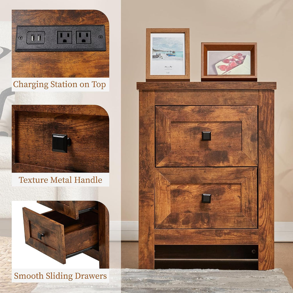AMERLIFE Nightstand Set of 2 with Charging Station, Rustic Bedside Table with Drawers Storage, Farmhouse Wood Night Stand for Bedroom, Rustic Brown