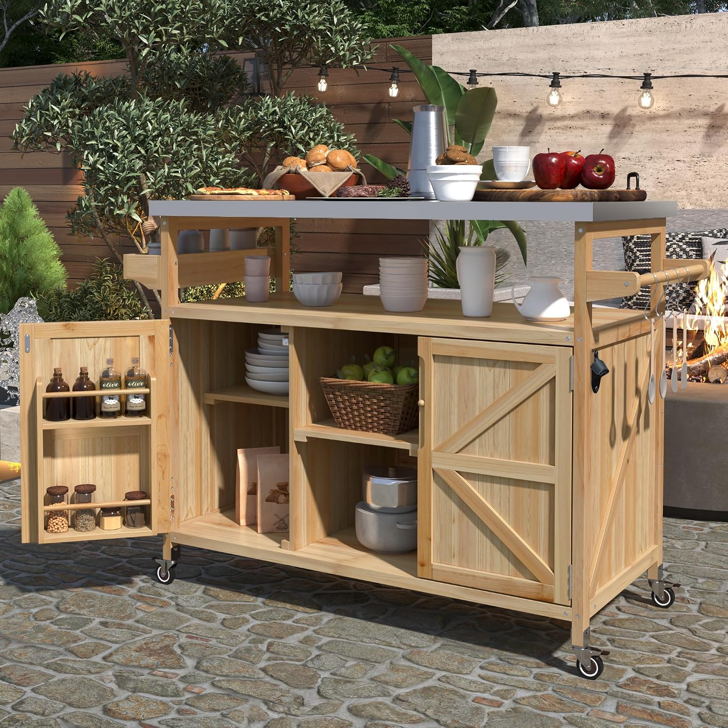 Outdoor Kitchen Rolling Bar Cart with Storage Cabinet, Farmhouse Solid Wood Outdoor Grill Table with Stainless Steel Top, Spice Rack and Towel Rack, Perfect for Barbecue Poolside Patio (Natural)