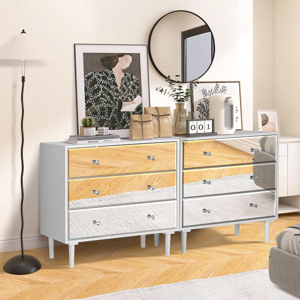 STHOUYN White Nightstand Set of 2 with 3 Drawers, Mirrored Bed Side Tables Bedroom, Modern Bedside Table Set of 2 with Storage, Decorative Night Stand for Living Room(White)