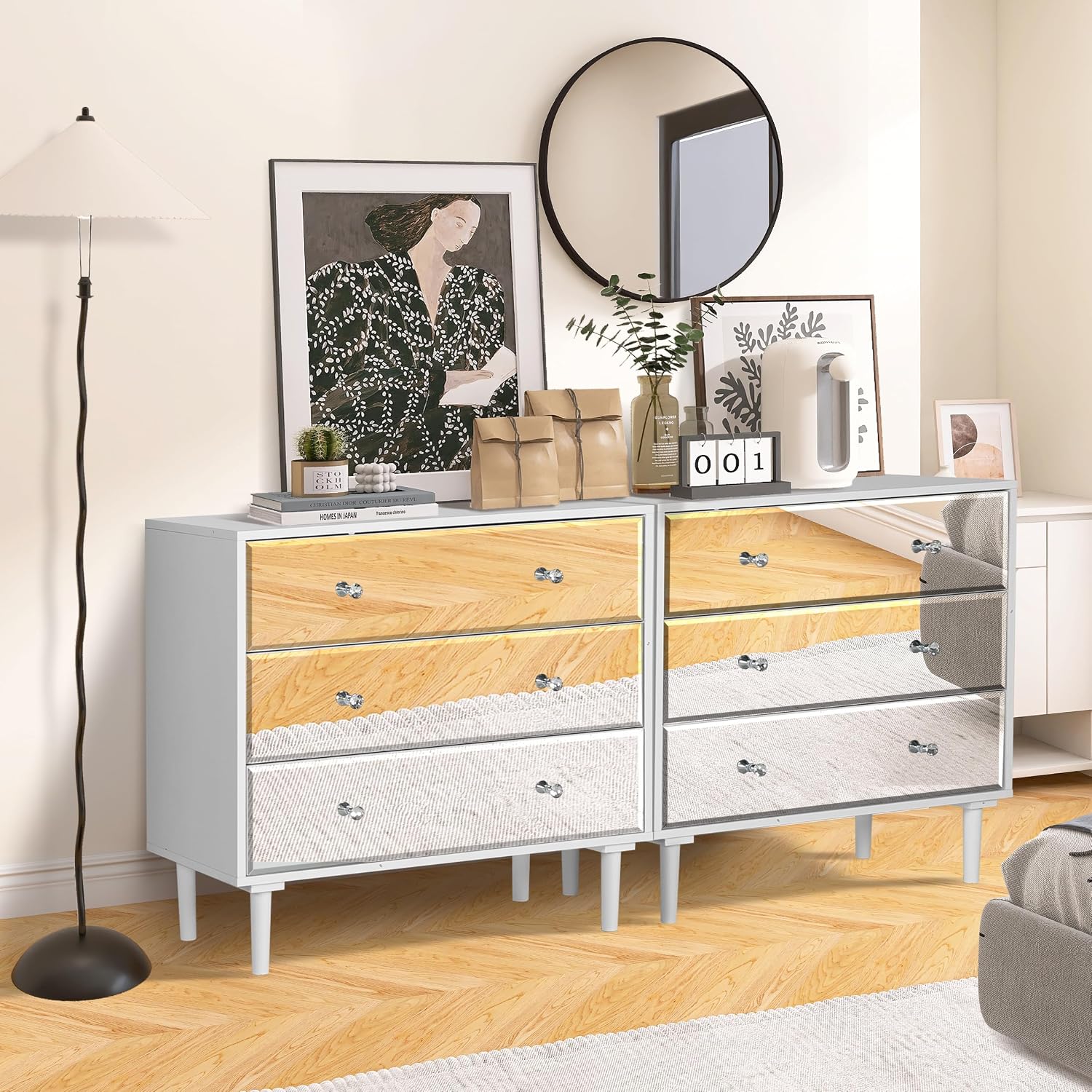 STHOUYN White Nightstand Set of 2 with 3 Drawers, Mirrored Bed Side Tables Bedroom, Modern Bedside Table Set of 2 with Storage, Decorative Night Stand for Living Room(White)