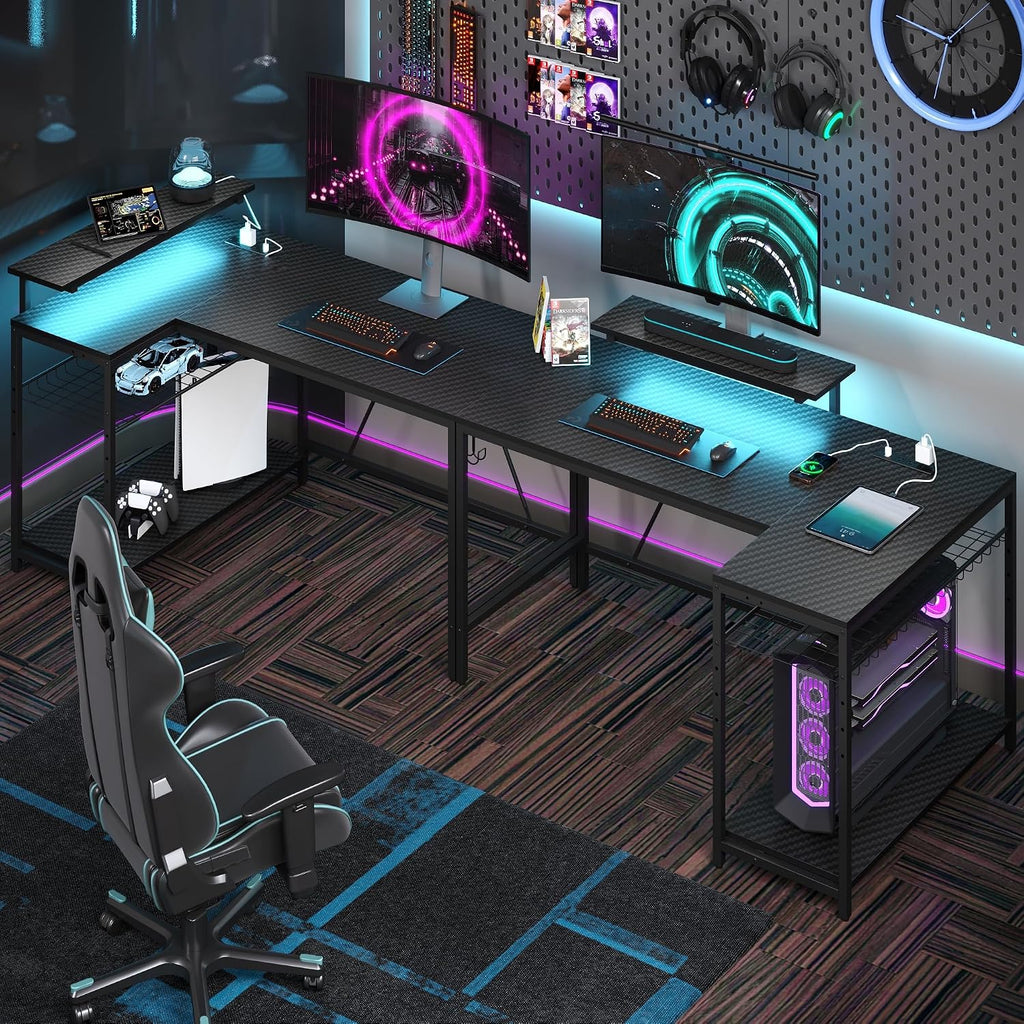Bestier 52' Gaming Desk with Integrated Power Outlet & USB Ports, L-Shaped Computer Desk with LED Strip & Headphone Hooks, Perfect for Home Office Pink,Carbon Fiber Black