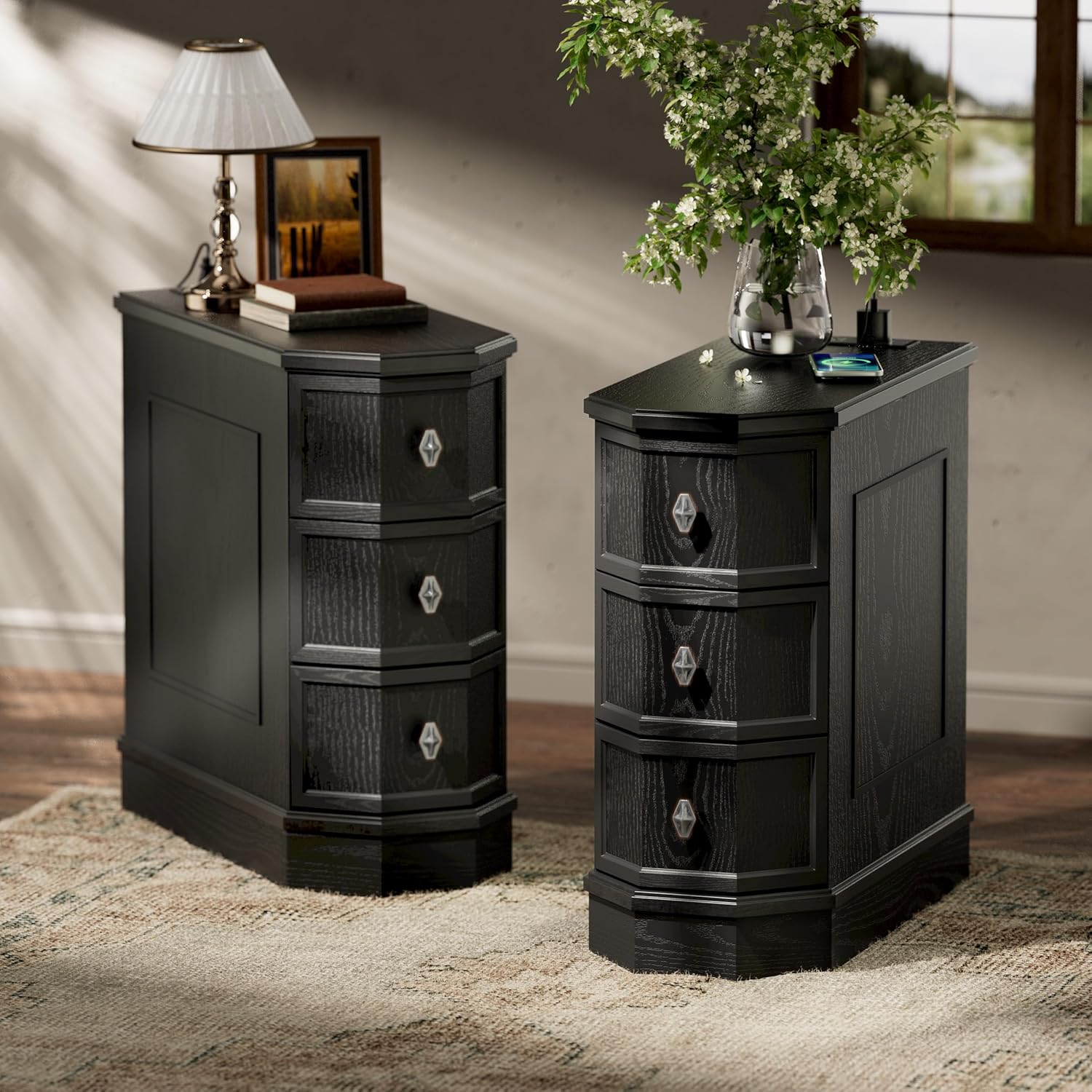 Nightstand Set of 2 with Charging Station, Vintage Wood End Table with 3 Drawer, Victoria Narrow Side Table, Slim Bedside Tables for Bedroom, Pre-Installation, Black
