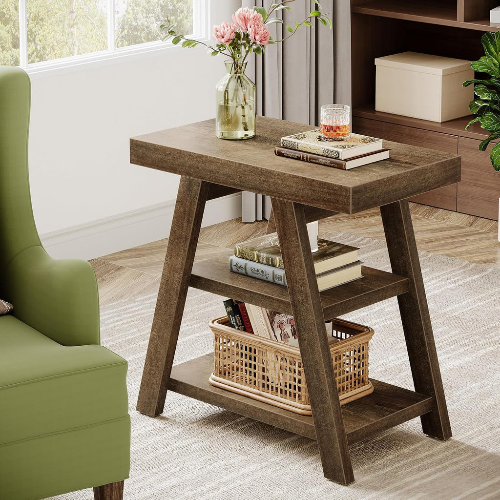 Tribesigns Set of 2 Rustic Side Table, 3-Tier Wooden End Table with Trapezoid Legs, Farmhouse Side Table for Couch, Vintage Bedside Nightstand for Bedroom, Living Room, Small Spaces, Distressed Brown