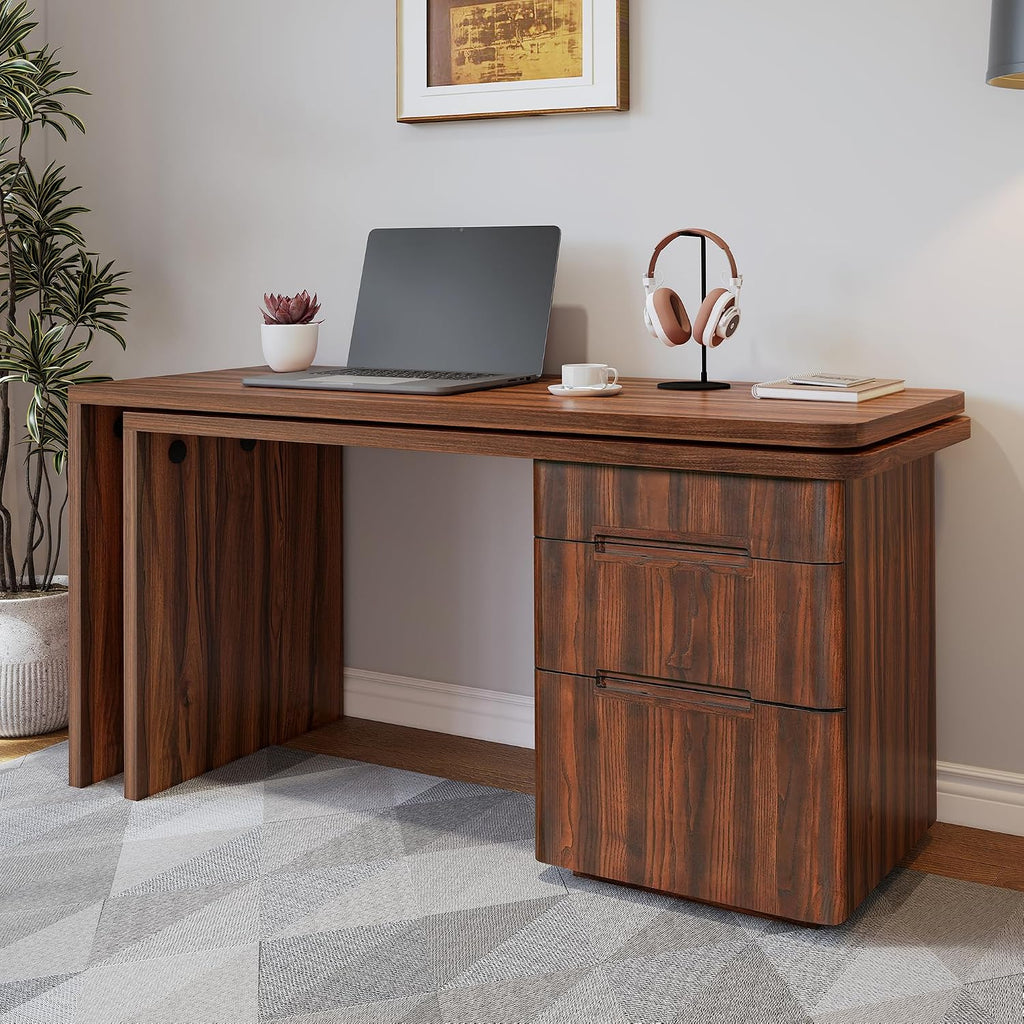 Merax Home Office Desk L Shaped with 3 Drawers,Wooden Rotating Desk | 90' Large Executive Office Workstation,Corner Work Table for Study Writing,Natural Wood