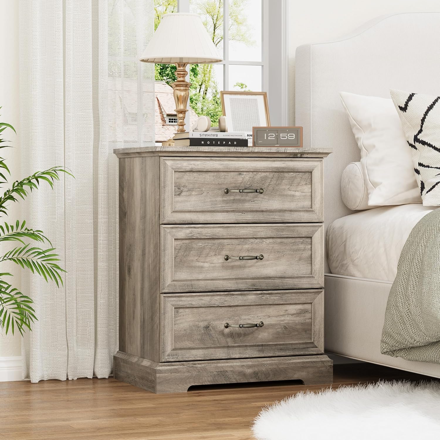 Nightstand Set of 2,24' Wide End Table with 3 Large Drawers & Metal Handles,Rustic Farmhouse Wood Small Dresser,Bedside Table,Modern Chest of Drawers for Bedroom,Living Room,Grey