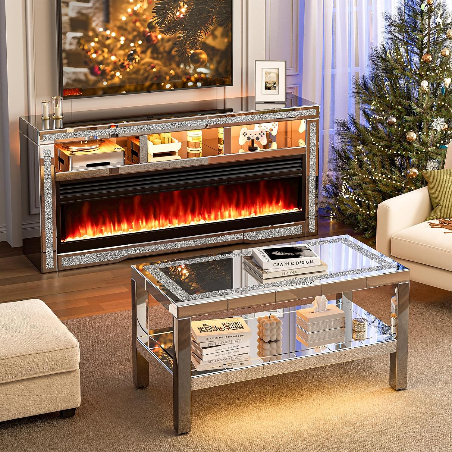 IKIFLY Mirrored 2 Tiers Coffee Table with LED, Rectangle Mirrored Coffee Table with Crushed Diamond and Stainless Steel Legs, Silver Living Room Table