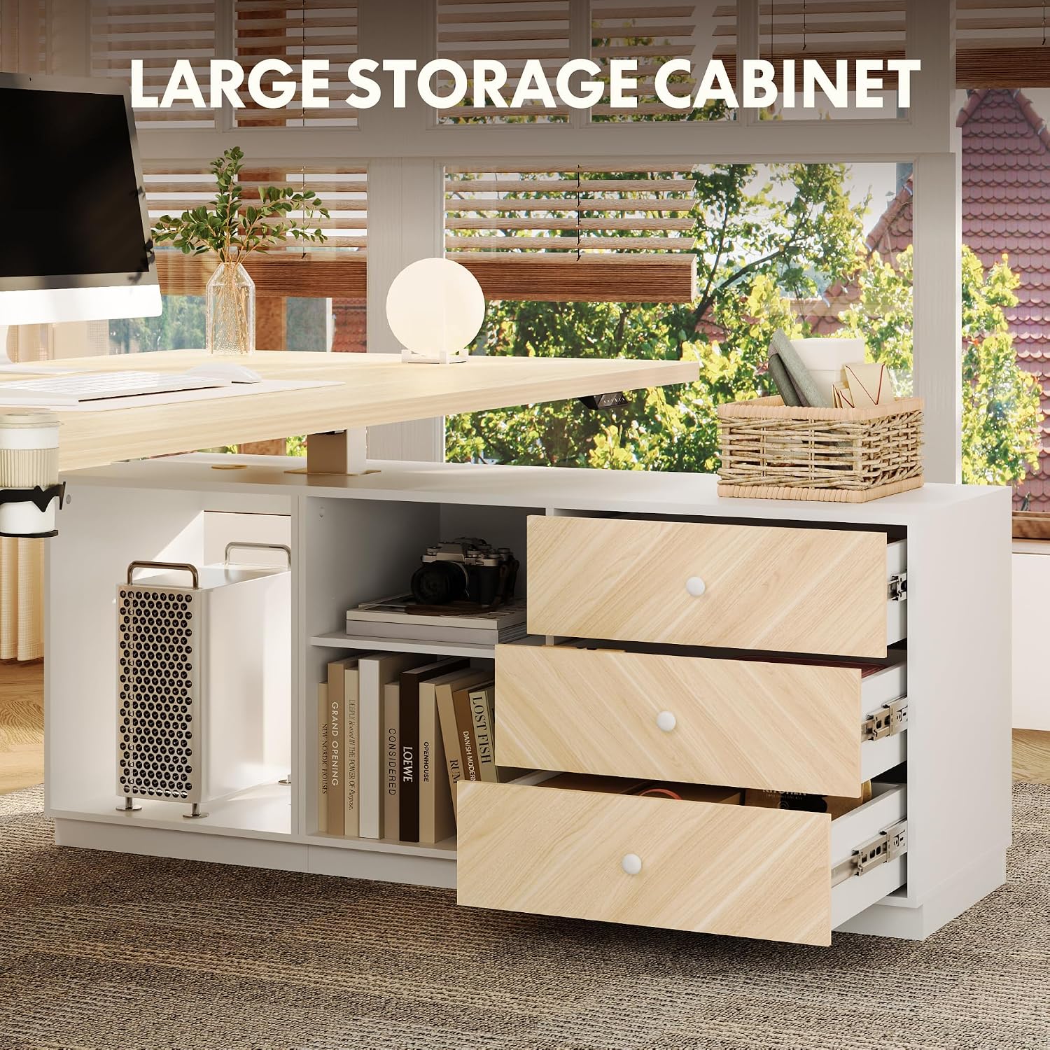 FLEXISPOT L Shaped Standing Desk with Drawers, Large Electric Height Adjustable Executive Desk, Sit Stand Desk for Home Office and Workstation, PC Cabinet (71'x32' White Wood Grain)