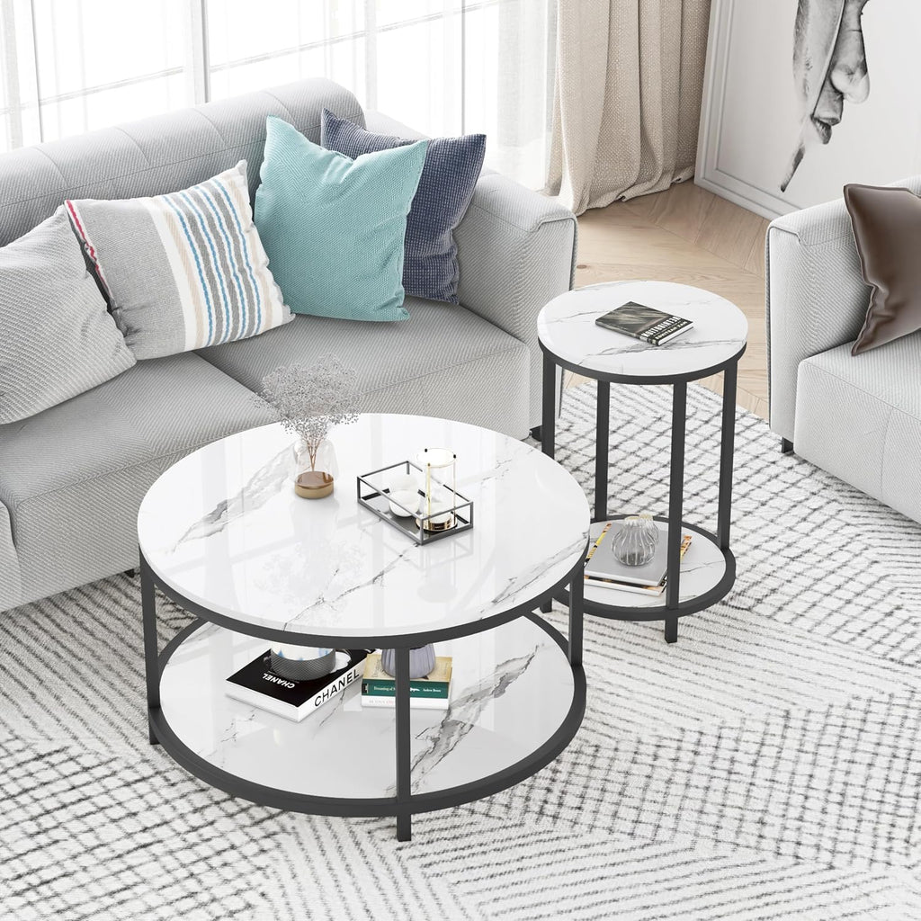 WiberWi Round Side Table Set of 2, Modern Nightstand End Table with Metal Frame &Faux Marble Top, Accent Bedside Table for Living Room Bedroom Small Spaces with Storage Open Shelf,White