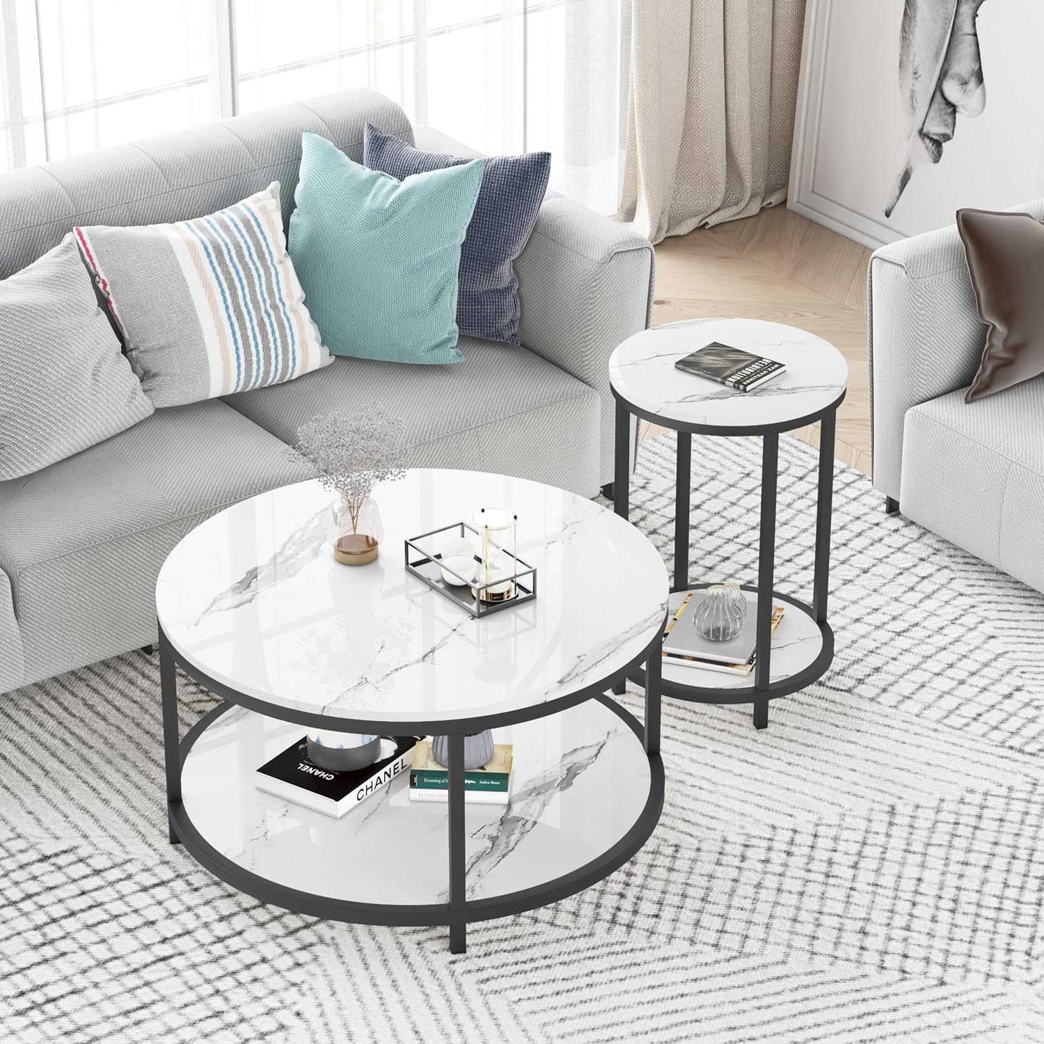 WiberWi Round Side Table Set of 2, Modern Nightstand End Table with Metal Frame &Faux Marble Top, Accent Bedside Table for Living Room Bedroom Small Spaces with Storage Open Shelf,White