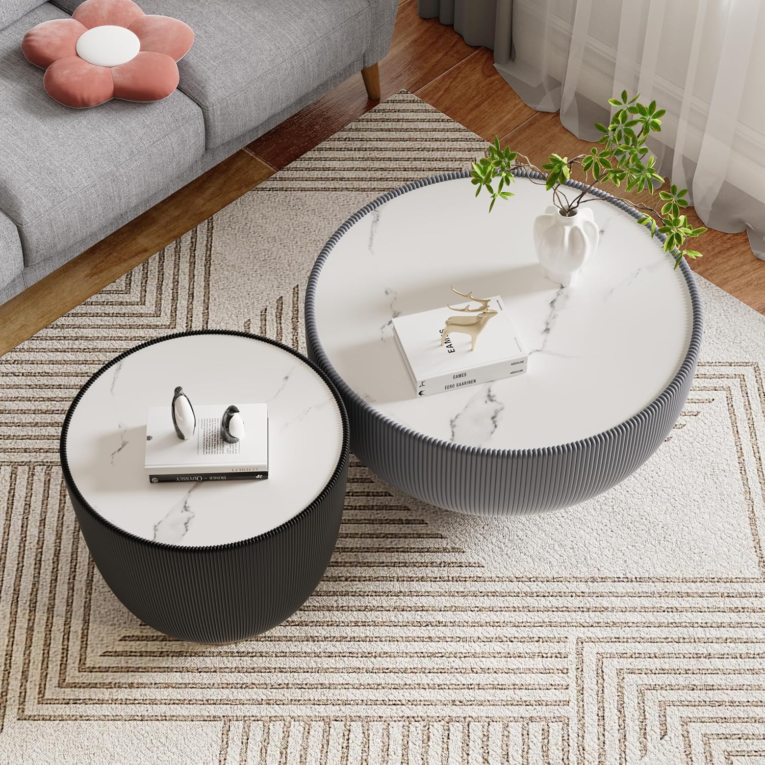 Modern Round Coffee Table Set of 2 Luxury Sintered Stone Top Coffee End Table in Grey/Black Leatherette Creative Bowl-Shape Small Coffee Side End Tables for Living Room,Fully Assembled