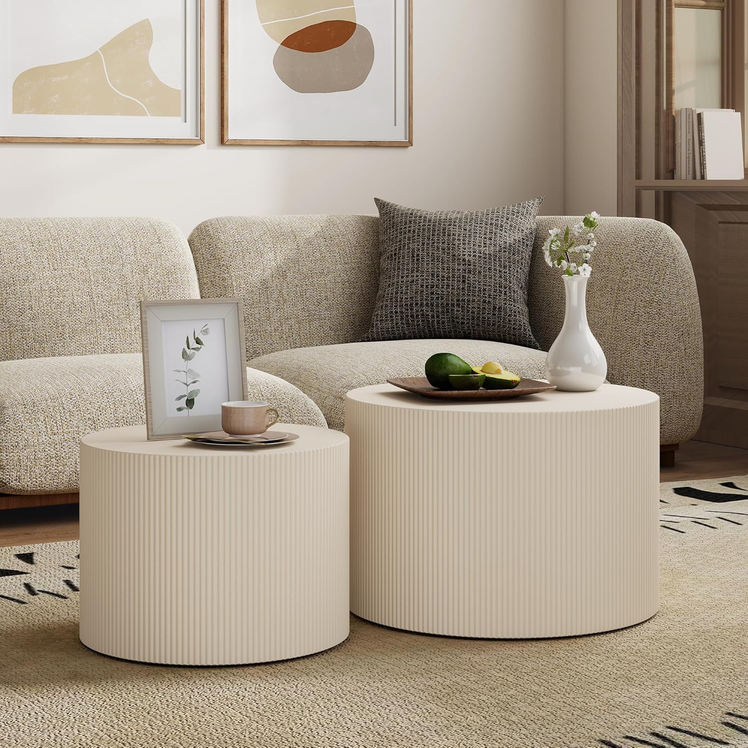 Otterease Round Coffee Table Set of 2, Modern Wooden Beige Nesting Tables for Living Room, No Assembly Required Circle Side Tables Set Accent End Table for Bedroom, Balcony