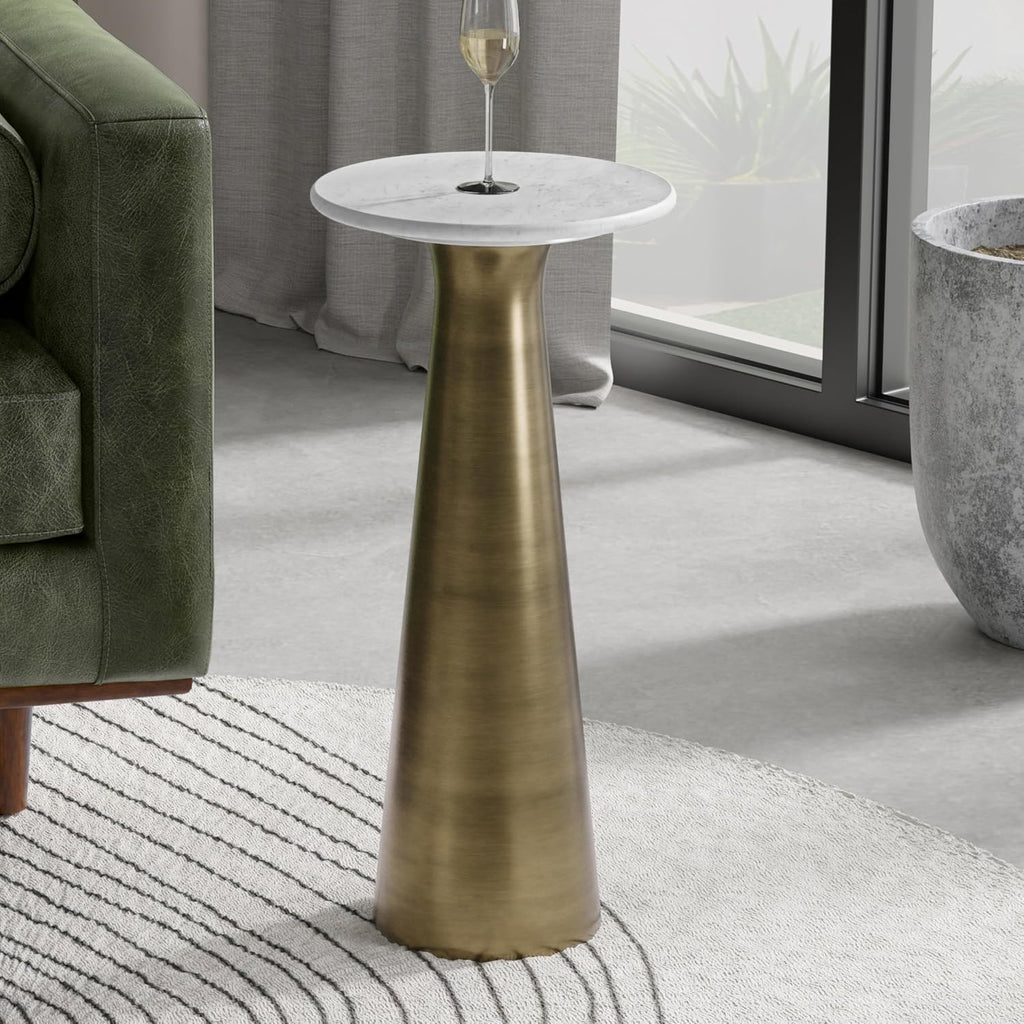 SIMPLIHOME Nicollette Metal Table - 12 inch Wide Solid Metal Round Side Table in Antique Brass, Modern Contemporary Accent Table for Living Room, Bedroom, or Office with Compact Design