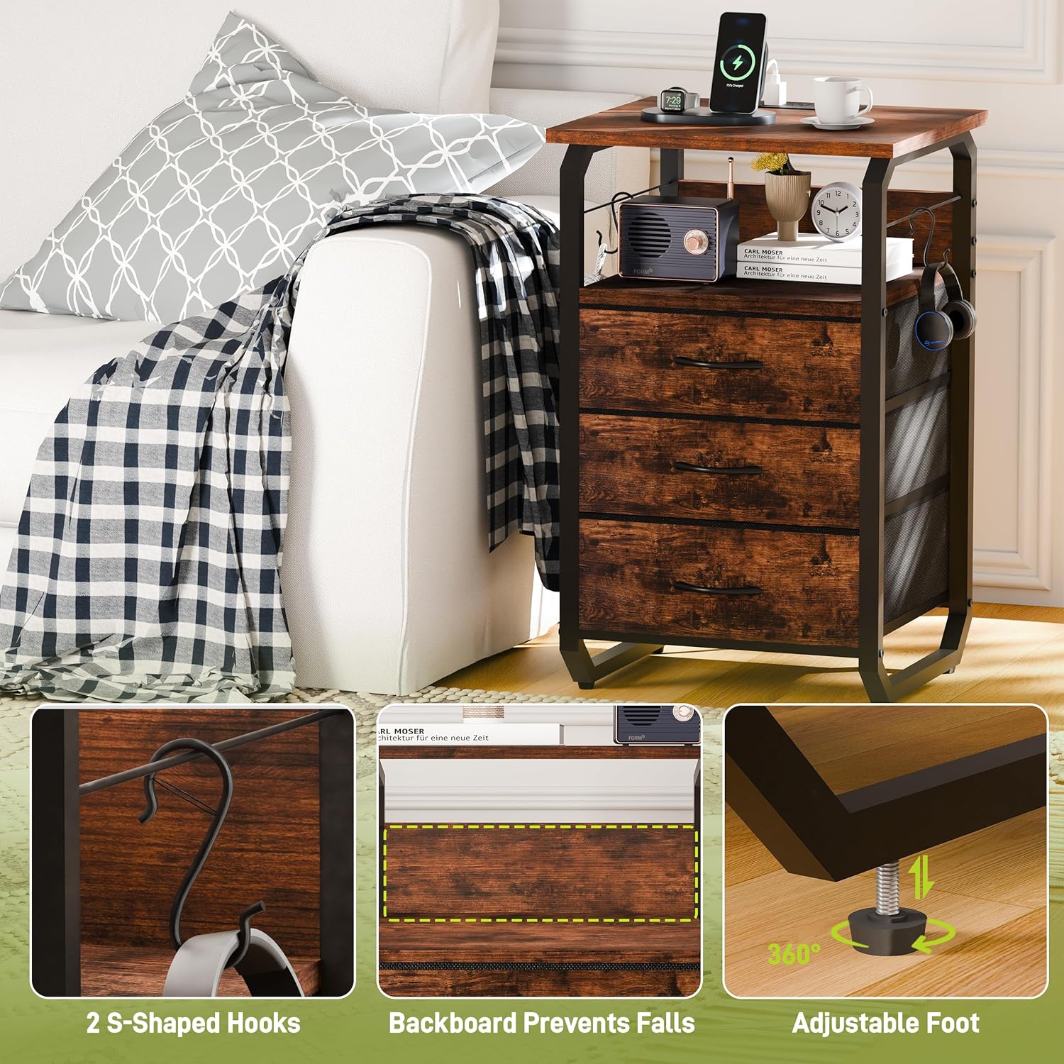 runjuly Night Stand Set 2, Nightstand with LED Lights and Fabric Drawers, Matching End Tables with Charging Station USB C Port, Bedside Tables with Hooks for Bedroom, Rustic Brown