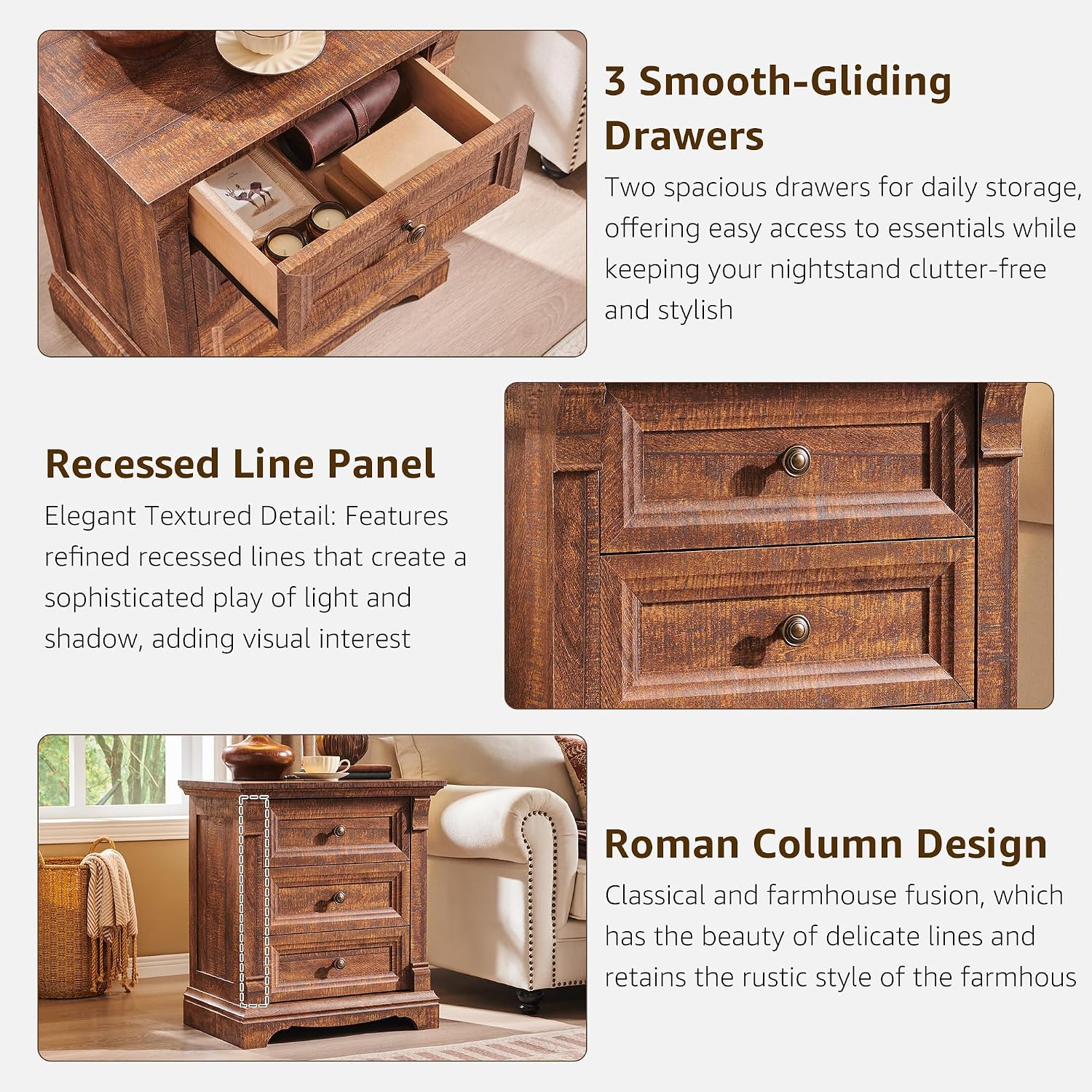 Farmhouse Nightstand Set of 2, 24' End Table with 3 Drawers Storage, Wood Side Table w/Roman Column, End Tables Living Room Set Of 2, Bedside Cabinet for Bedroom, Living Room, Reclaimed Barnwood