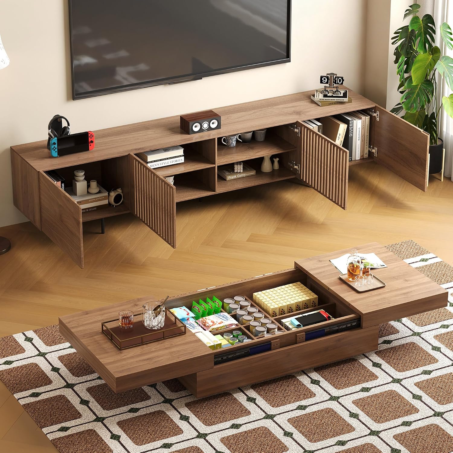 Mid-Century Modern 94.48' TV Stand and Expandable Coffee Table Set, Large Walnut Entertainment Center with Storage for Living Room and Bedroom Furniture Decor