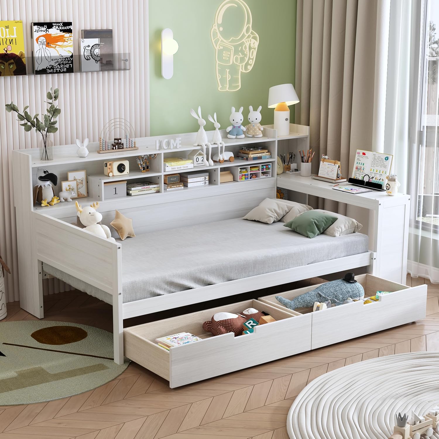 VilroCaz Wooden Twin Size Daybed with Storage Shelves and Study Desk, Multi-Functional Bed DayBed Frame with 2 Storage Drawers for Office Living Room Bedroom, Maximize Space (Antique White-8T)