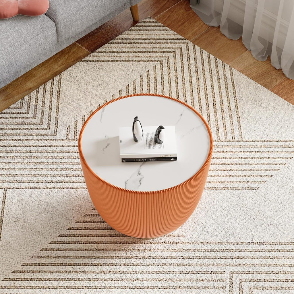 Modern Round Coffee Table Set of 2 Luxury Sintered Stone Top Coffee End Table in White/Orange Leatherette Creative Bowl-Shape Small Coffee Side End Tables for Living Room Bedroom