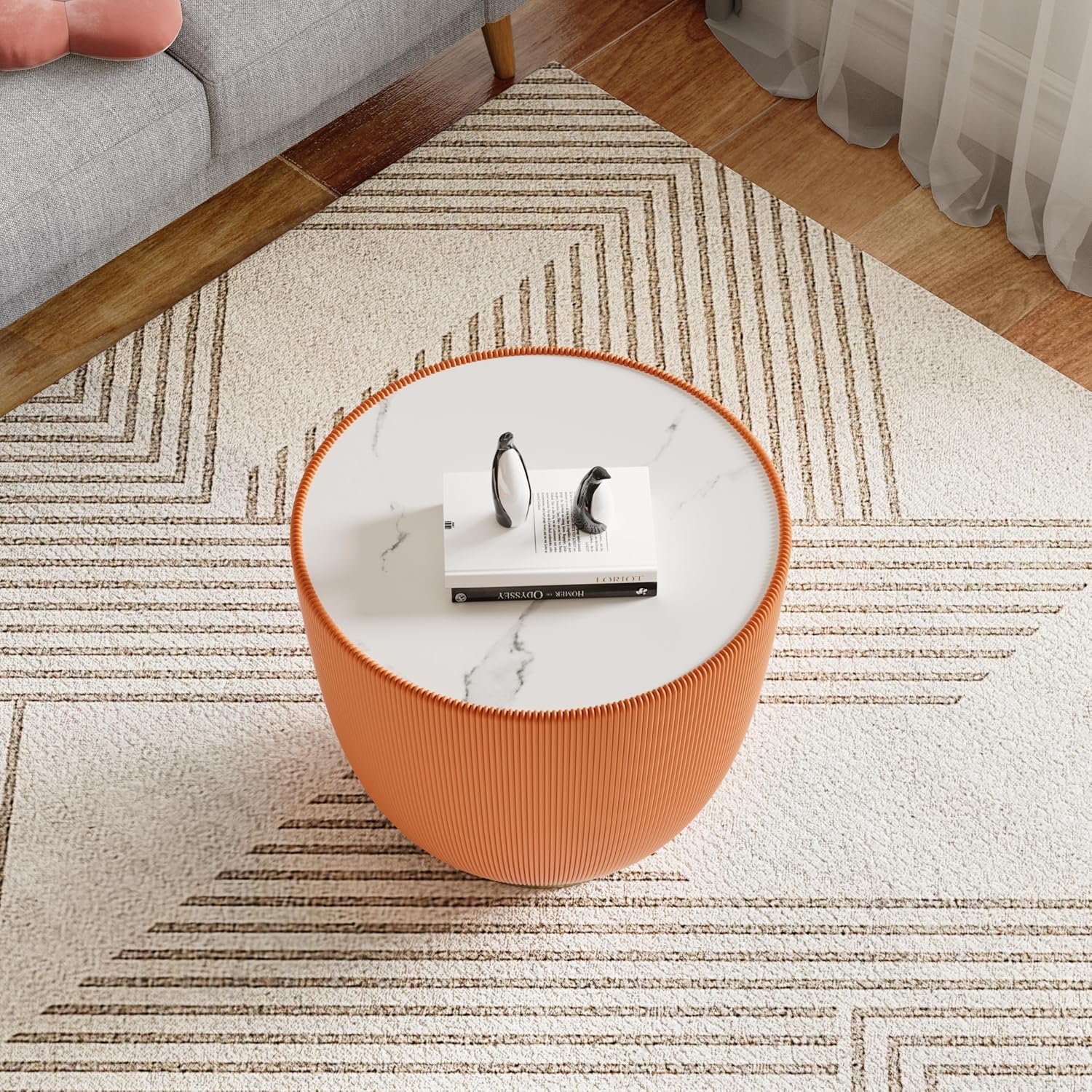 Modern Round Coffee Table Set of 2 Luxury Sintered Stone Top Coffee End Table in White/Orange Leatherette Creative Bowl-Shape Small Coffee Side End Tables for Living Room Bedroom
