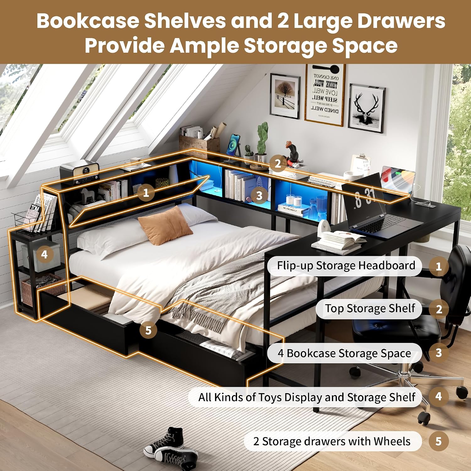Corner Bed Frame with Storage Bookcase and Led Lights, Twin Size Metal Platform Bed Frame with Storage Drawers and Charging Station & Desk, Twin Daybed for Living Room & Guest Room (Black, Twin)
