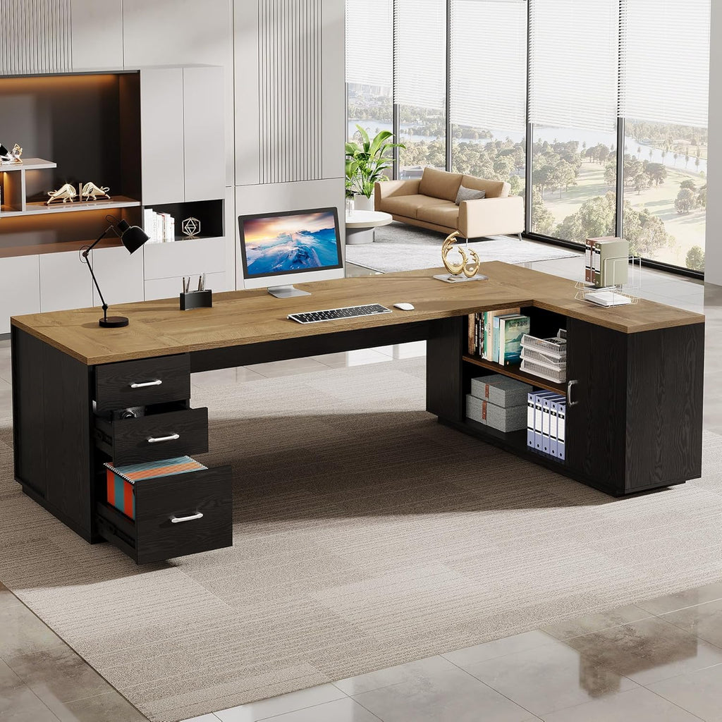 Tribesigns 85.8-Inch L-Shaped Executive Desk, Extra Large Modern Office Desk with File Drawers, Door Cabinet & Shelves, Commercial Office Table, Home Business Workstation, Light Brown & Black