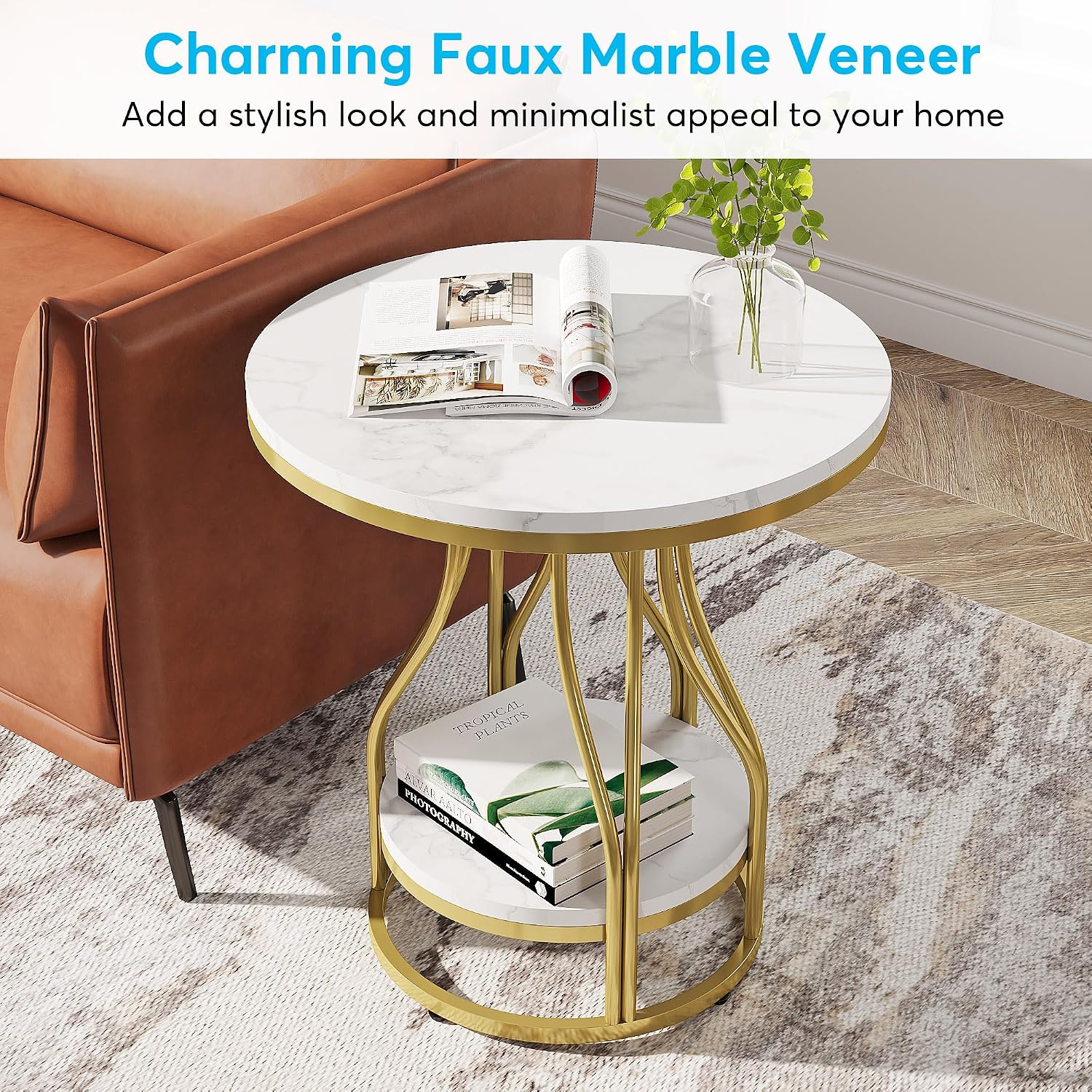 Tribesigns Round Side Table White Gold End Table Set of 2, 2-Tier End Table Modern Bedside Table Small Side Table with Storage Sofa Side Table with Metal Frame for Living Room