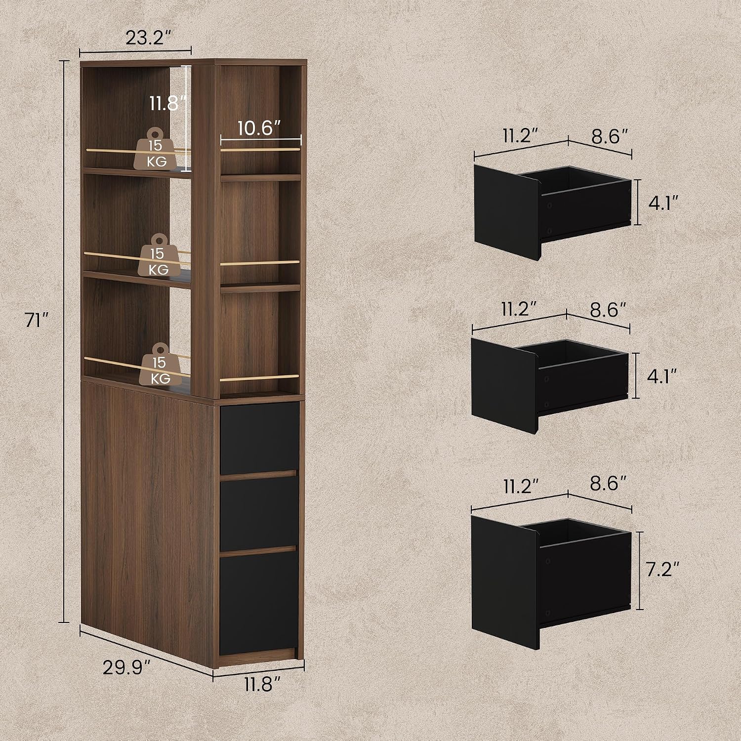 ModernMate 71' Tall Corner Bookshelf with 3 Drawers, Narrow Bookcase | 3-Tier Double-Sided Slim Bookcase for Small Space, Display Storage Shelves for Living Room, Home Office, Study, Black Walnut