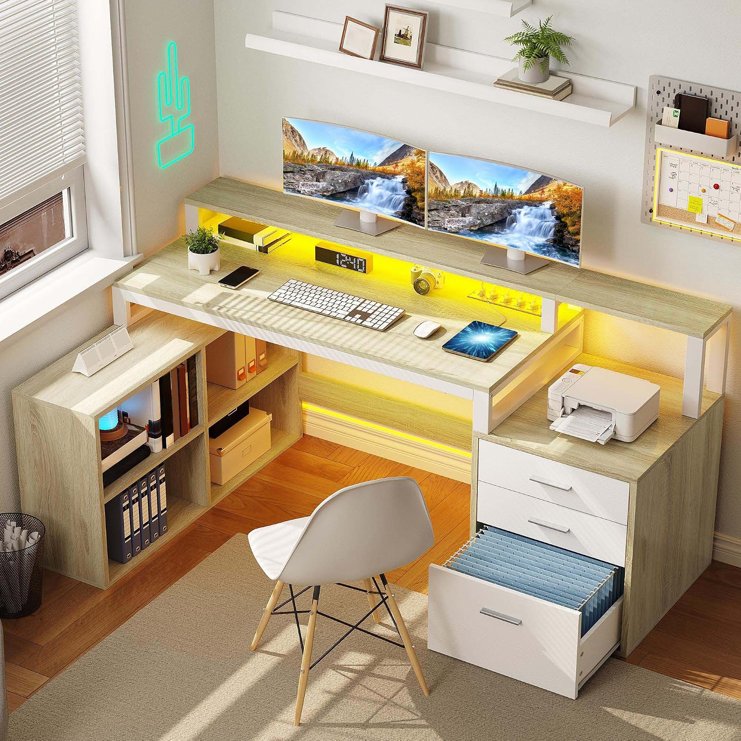 YITAHOME L Shaped Desk with 3 Drawers, 65' Corner Computer Desk with Power Outlets & LED Lights, L-Shaped Desk with File Cabinet & Printer Stand for Home Office, White & Oak