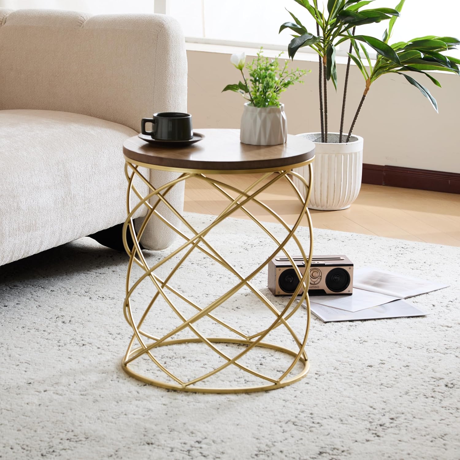Christopher Knight Home Vevia 17' Golden End Table, Metal Accent Table, Round Wooden Top, Nesting Designed Home Decor, Birdcage Small Coffee Tables for Living Room, Bedroom, No Assembly, Natural+Gold