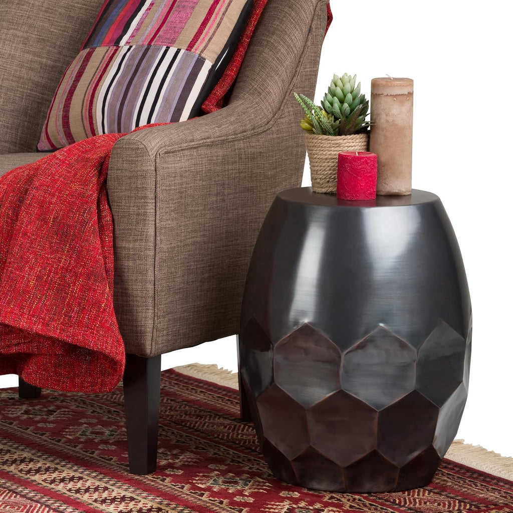SIMPLIHOME Flanigan Metal Accent Table - 16 inch Wide Solid Metal Round Drum Side Table in Antique Copper, Industrial End Table or Coffee Table for Living Room with Honeycomb Design, Assembled