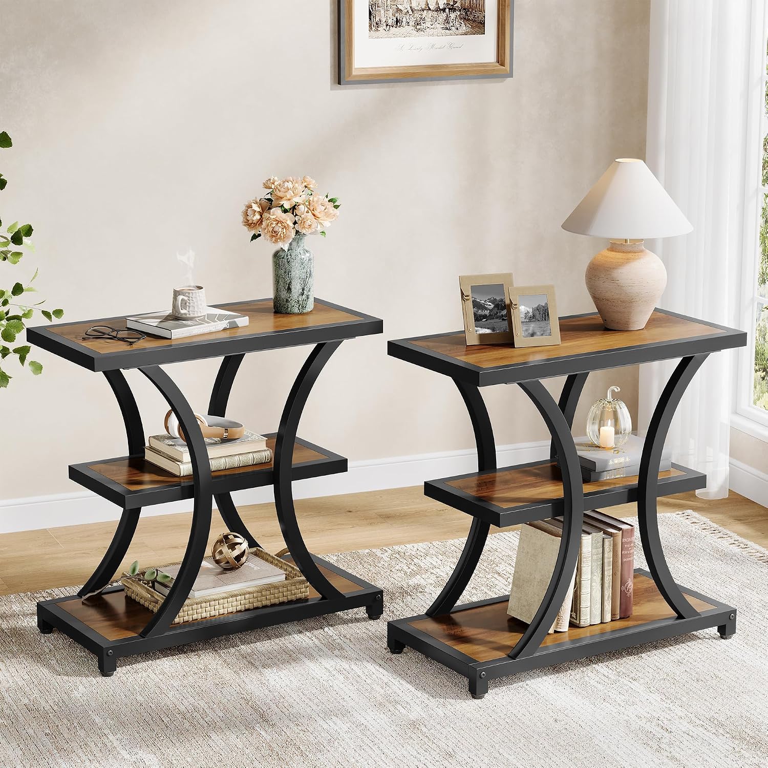 Tribesigns End Table Set of 2, 3-Tier Side Table with Geometric Metal Design, Industrial Nightstand for Small Spaces, Living Room, Bedroom, Study Room (Rustic Brown)