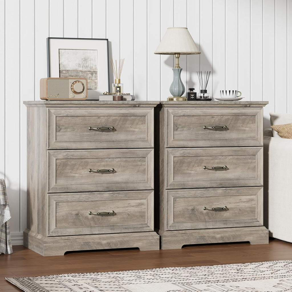 Nightstand Set of 2,24' Wide End Table with 3 Large Drawers & Metal Handles,Rustic Farmhouse Wood Small Dresser,Bedside Table,Modern Chest of Drawers for Bedroom,Living Room,Grey