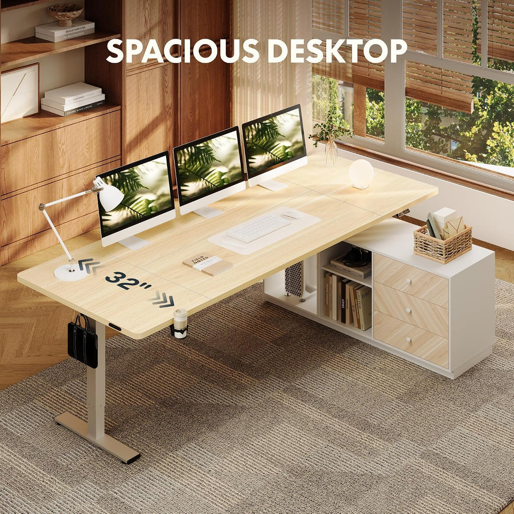 FLEXISPOT L Shaped Standing Desk with Drawers, Large Electric Height Adjustable Executive Desk, Sit Stand Desk for Home Office and Workstation, PC Cabinet (63'x32' White Wood Grain)