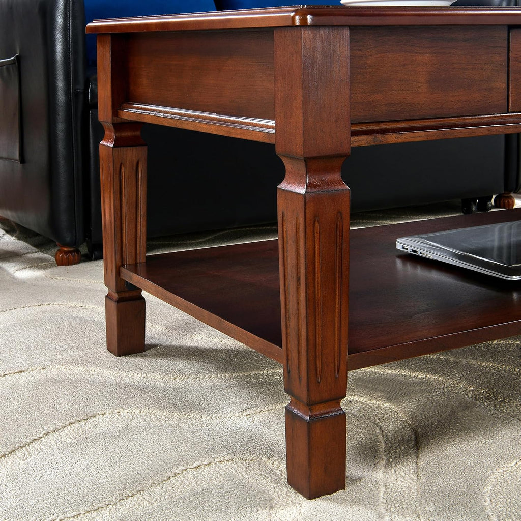 Coffee Table with Single 2-Way Pull Storage Drawer and Shelf, Farmhouse Living Room Table with Wood Legs, Rectangular Cocktail Table,Center Tea Table, 39.4'W x 21.7'L x 17.9'H, Dark Cherry KFZ-D1258