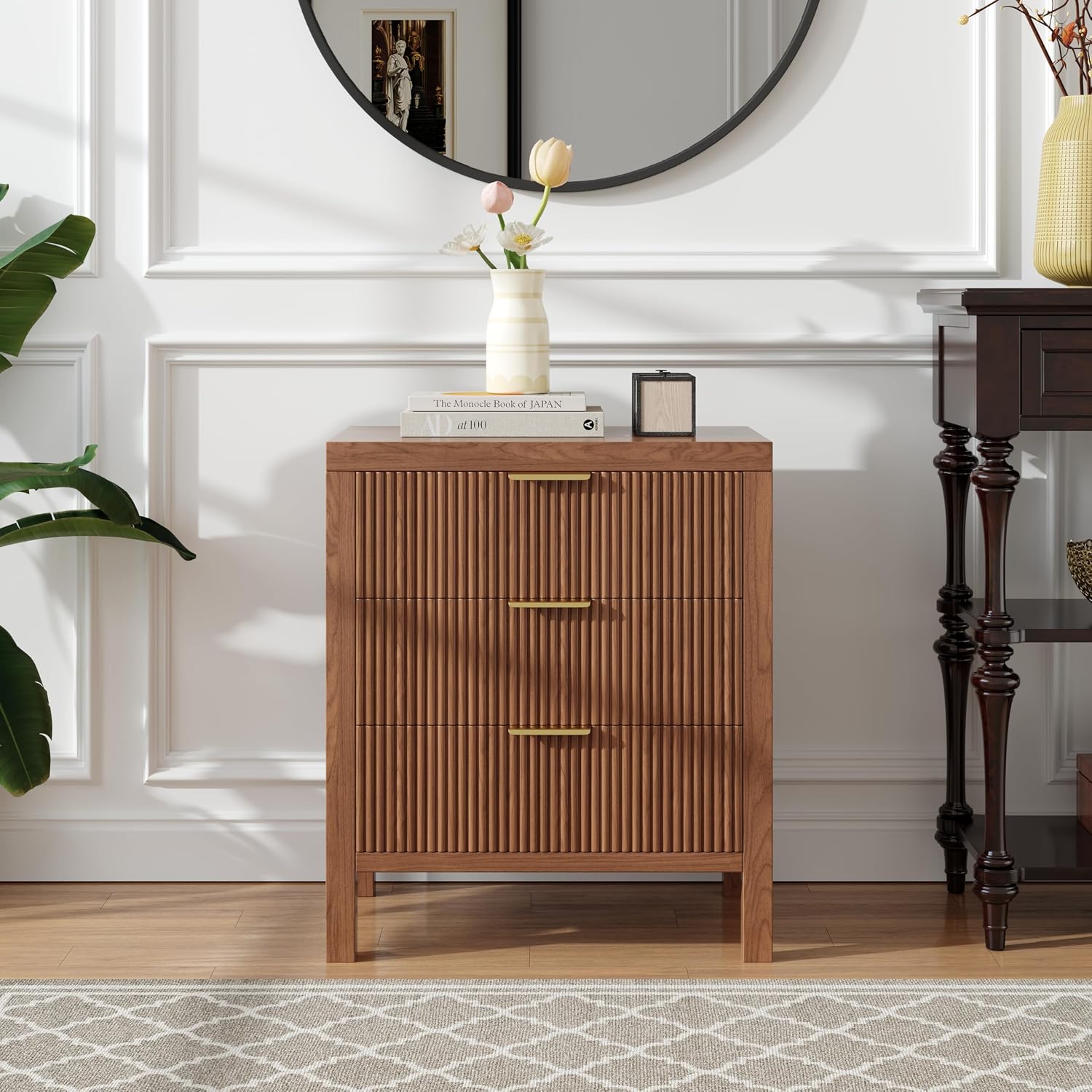 End Table with Storage, Wooden Farmhouse Nightstands with 3 Drawers, Bedside Table - Boho Tall Side Table Accent for Bedroom, Living Room, Walnut