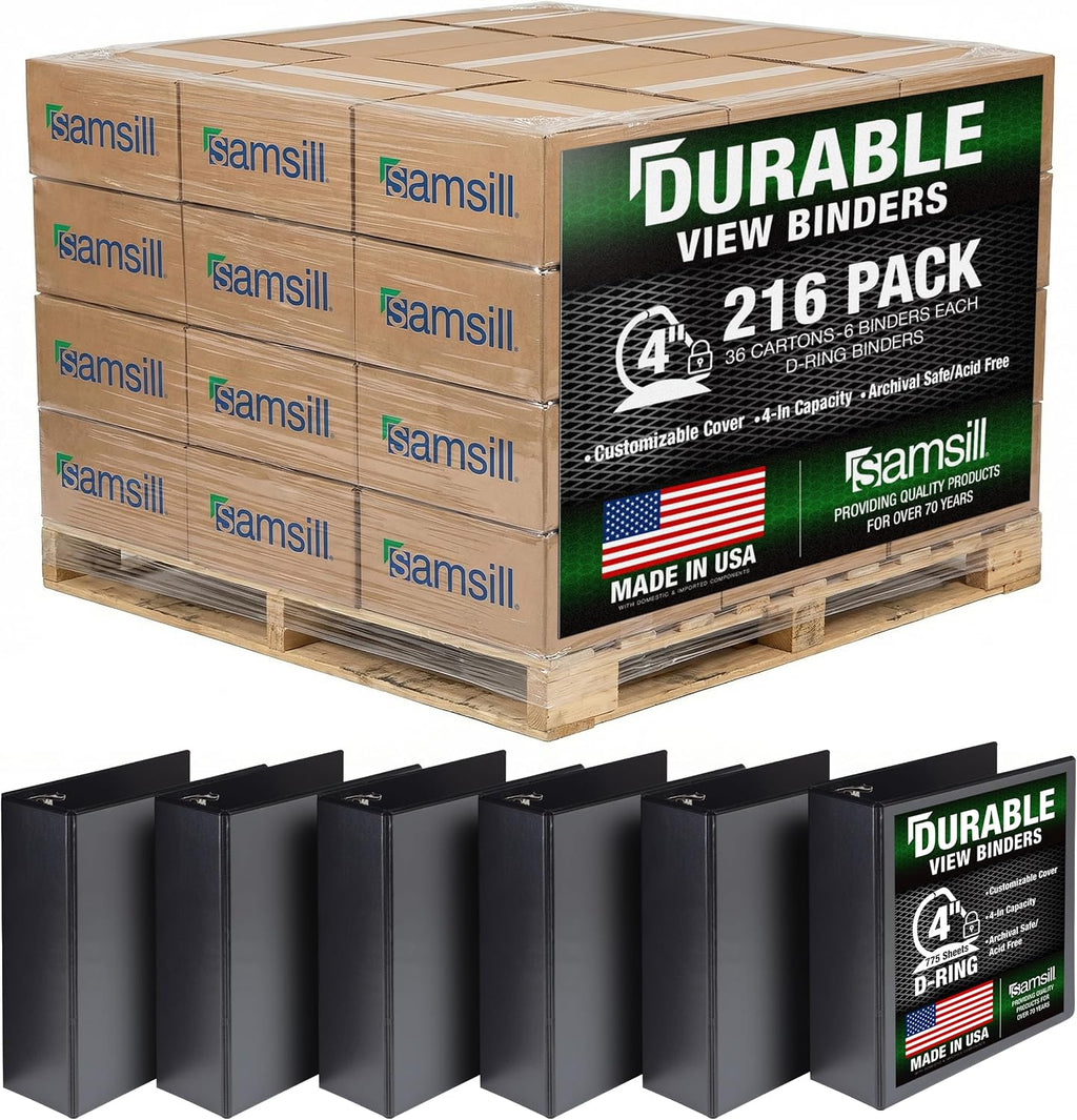 Samsill Durable 4 inch 3 Ring Binder, D Ring Binder, 100% Recycled Chipboard, Black, Pallet of 216 Binders in 36 Cartons