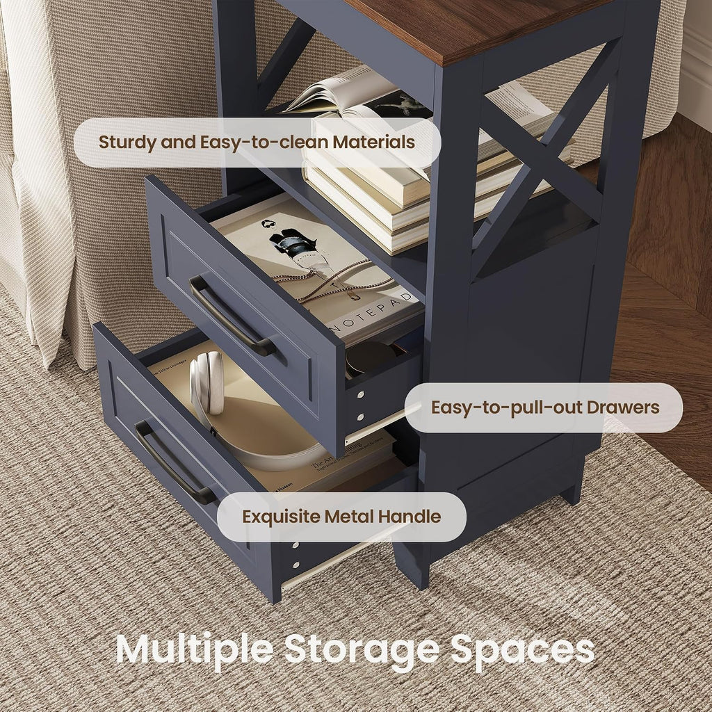 Tall Nightstand Set of 2 Side Table with 2 Drawers Modern Night Stand Wooden Rustic End Table Bedside Table with Upper Open Shelf Solid Feet for Bedroom Navy Blue+Walnut