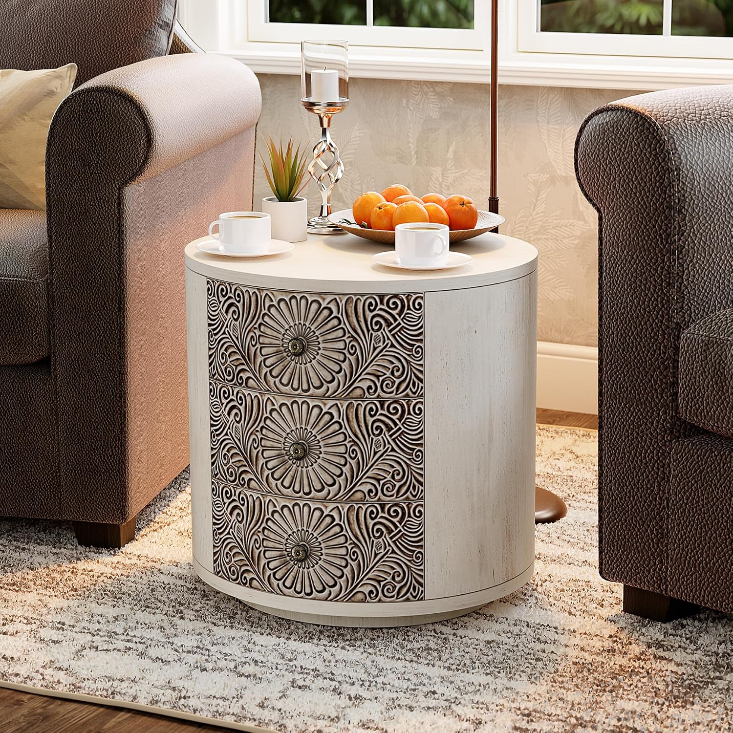 SUNBURY End Table Living Room Small Side Table w 3 Drawers, Vintage Bedside Table, Elegant Nightstand Small Dresser for Bedroom, Lightweight MDF Accent Table (Floral Texture)