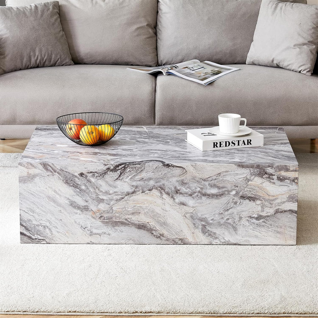 Grey Marble Coffee Table for Living Room Rectangular Faux Marble Center Tables Modern Elegant Wooden Cocktail Table for Home Office -Fully Assembled