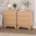 Nightstand Set of 2 with 3 Large Drawers,24' Wide End Table with Curved Metal Handles,Fluted Wood Small Dresser,Bedside Table,Modern Chest of Drawers for Bedroom,Living Room, Nature Oak