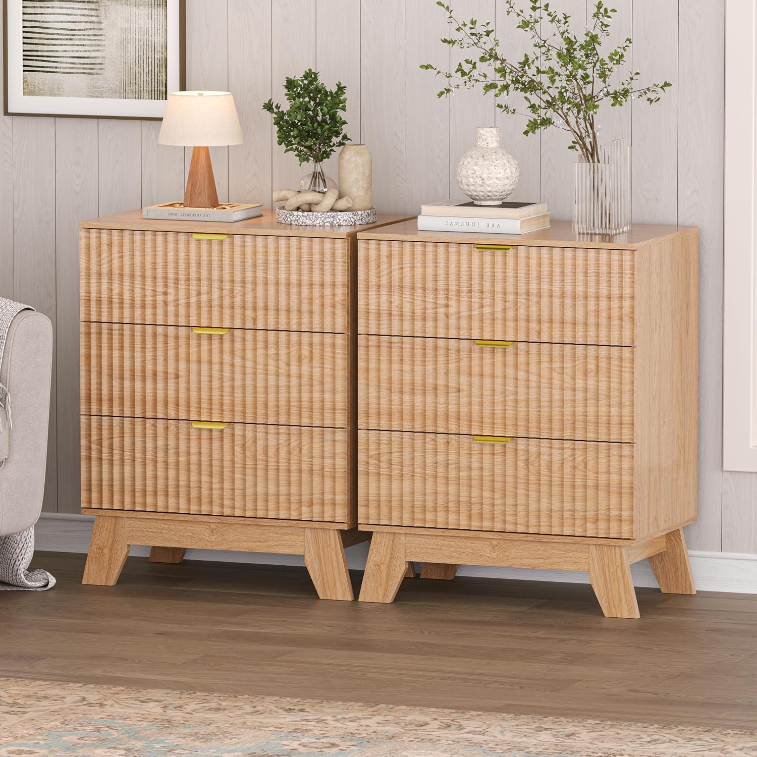 Nightstand Set of 2 with 3 Large Drawers,24' Wide End Table with Curved Metal Handles,Fluted Wood Small Dresser,Bedside Table,Modern Chest of Drawers for Bedroom,Living Room, Nature Oak