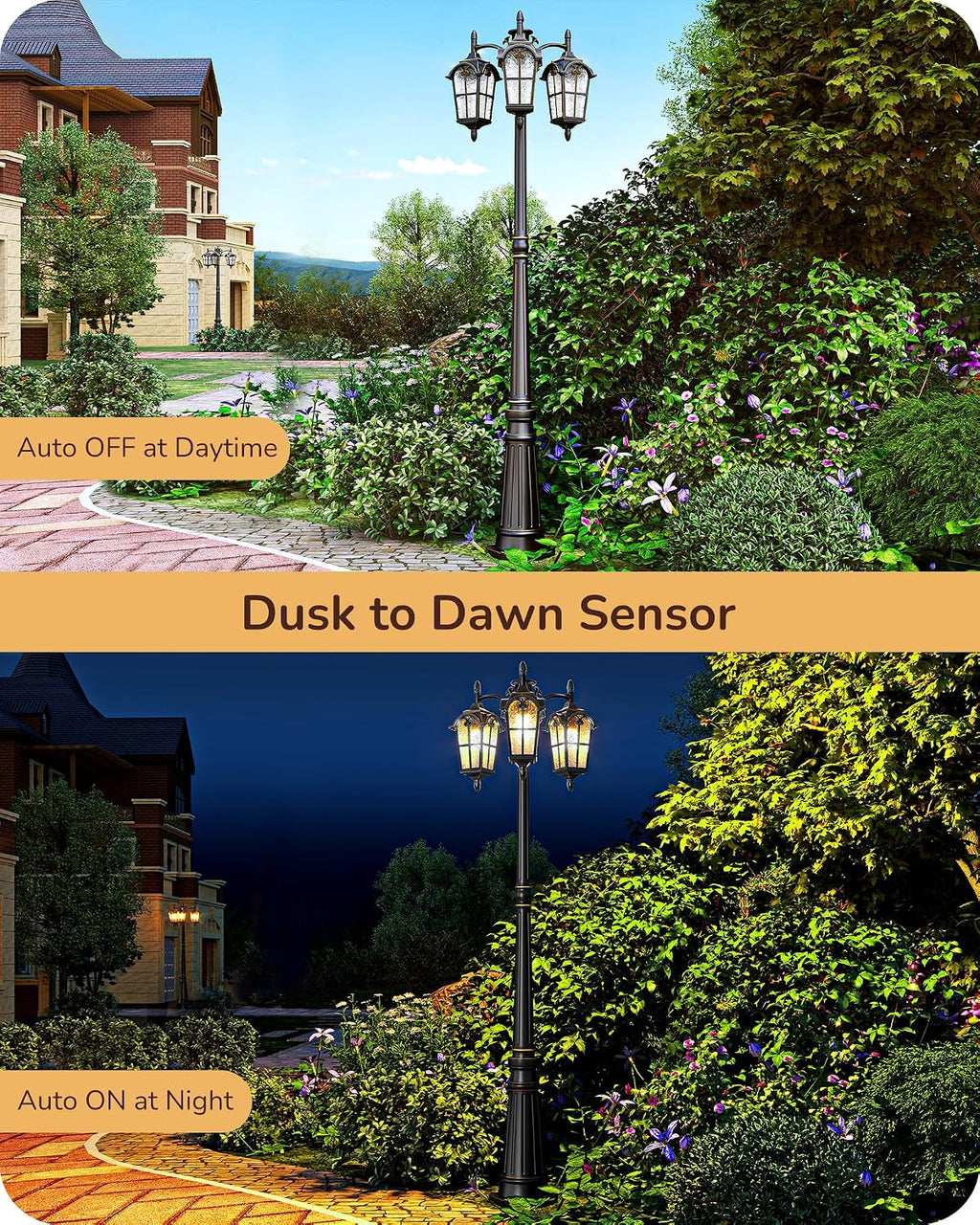 EDISHINE Outdoor Lamp Post Light 3-Head, Thickened Aluminum Dusk to Dawn Street Light Post with Water Ripple Glass, Retro Roman Pole Lighting Fixture for Backyard Garden Patio Driveway