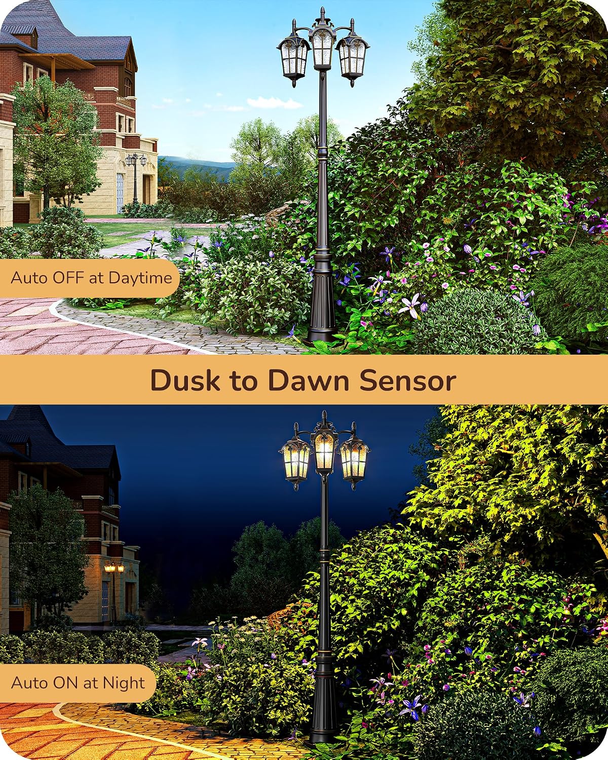 EDISHINE Outdoor Lamp Post Light 3-Head, Thickened Aluminum Dusk to Dawn Street Light Post with Water Ripple Glass, Retro Roman Pole Lighting Fixture for Backyard Garden Patio Driveway
