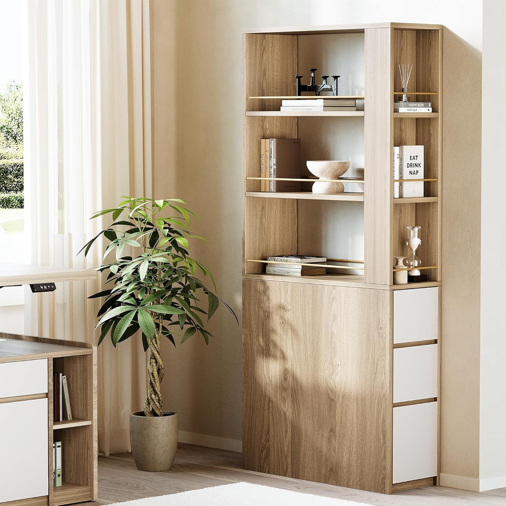 ModernMate 71' Tall Corner Bookshelf with 3 Drawers, Narrow Bookcase | 3-Tier Double-Sided Slim Bookcase for Small Space, Display Storage Shelves for Living Room, Home Office, Study, Light Walnut