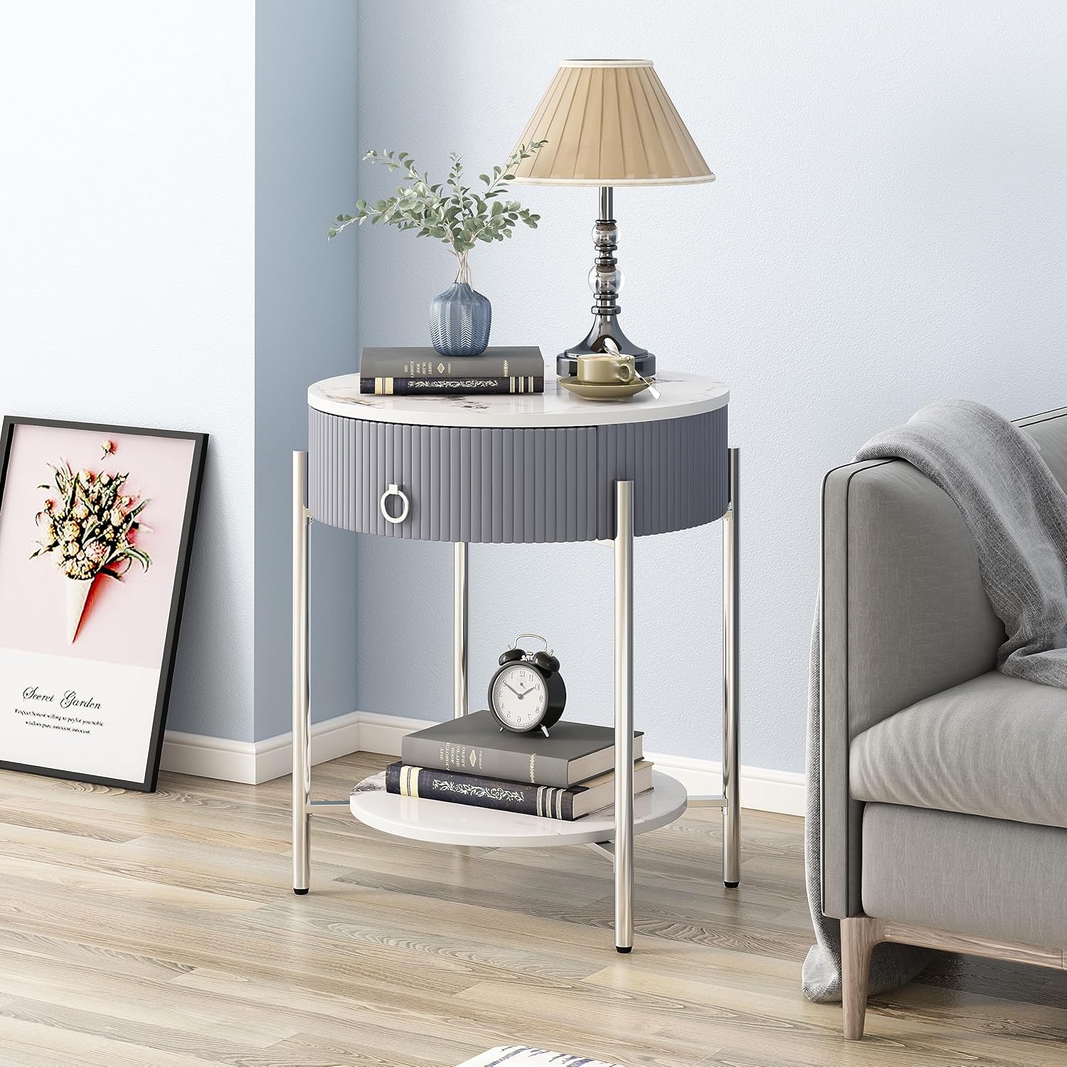 OIOG Round Side Table with Drawer, Modern Nightstand with Shelf and Chrome Finish Metal Legs, 2 Tier End Table for Living Room, Bedroom, Office, Marbling Natural Stone/Silver