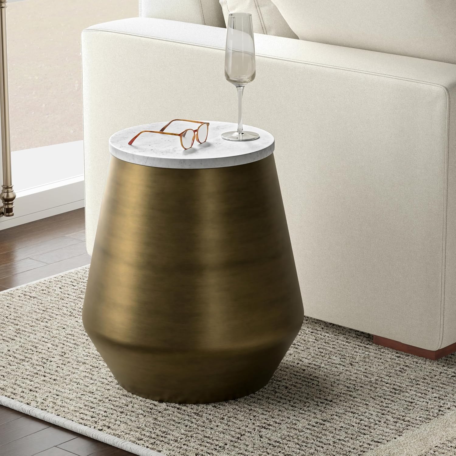 SIMPLIHOME Benning Side Table – 16 inch Wide Round Genuine Marble Top Iron Accent Table in Antique Brass, Contemporary Industrial End Table for Living Room or Bedroom with Compact Design, Assembled