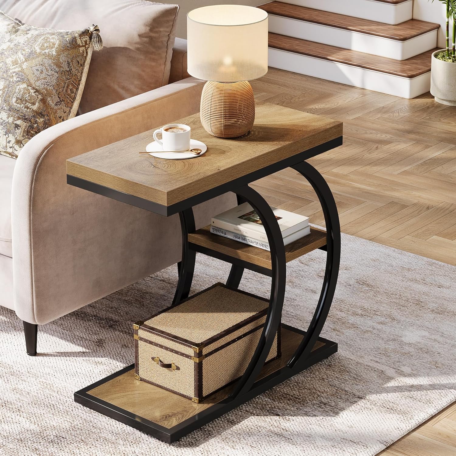 Tribesigns End Table Set of 2, 3-Tier Narrow Wood Couch C-Shaped Side Table with Storage, Industrial Nightstand for Bedroom, Small Spaces, Natural
