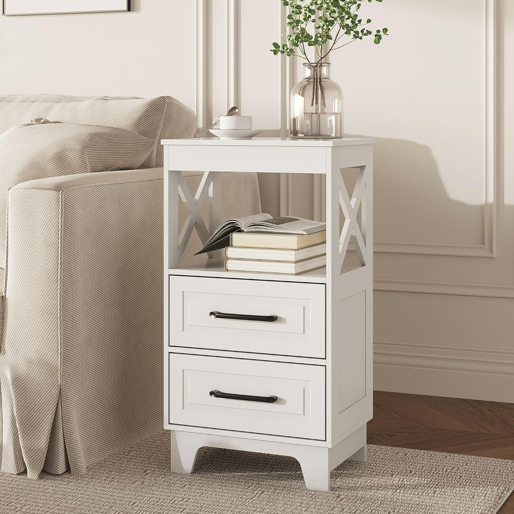 Tall Nightstand Set of 2 Side Table with 2 Drawers Modern Night Stand Wooden End Table Bedside Table with Upper Open Shelf Solid Feet for Bedroom, White