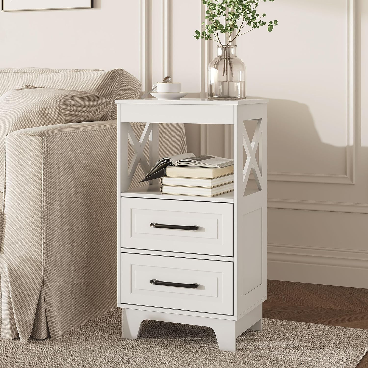 Tall Nightstand Set of 2 Side Table with 2 Drawers Modern Night Stand Wooden End Table Bedside Table with Upper Open Shelf Solid Feet for Bedroom, White